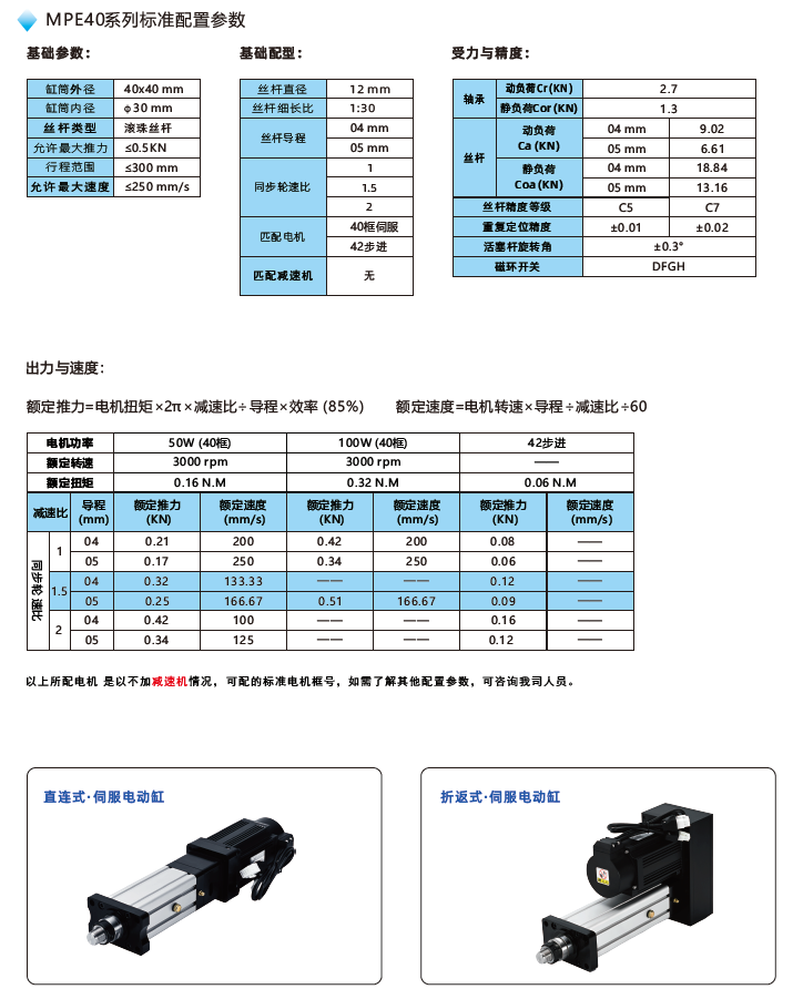 MPE40電動缸標準配置參數(shù)